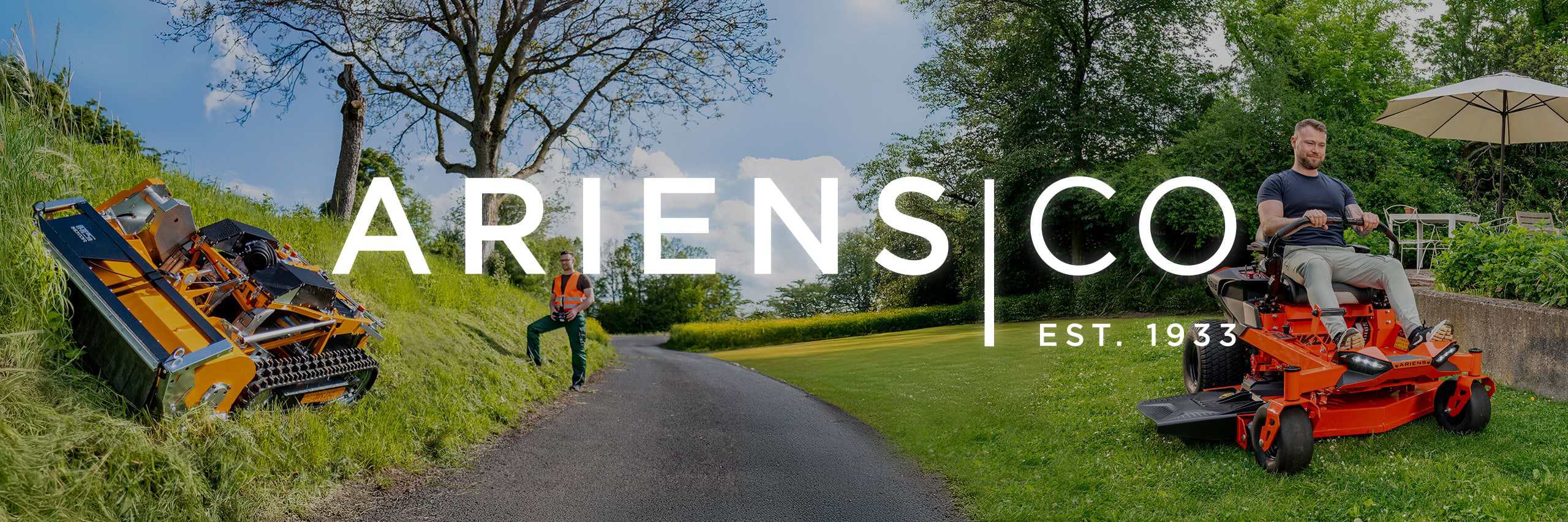 AriensCo EMEAA header image. Showcasing highgrass flailmower AS-Motor Ovis 1000 EVO RC and Ariens Zero-Turn IKON 52
