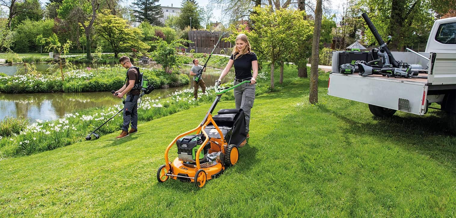 AS-Motor Electric product line-up showcasing electric push mowers powered by ego-powerhead engines